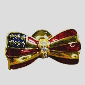 Patriotic USA Flag Bow Tie Lapel Pin Gold Tone Enamel Rhinestone Stars Stripes